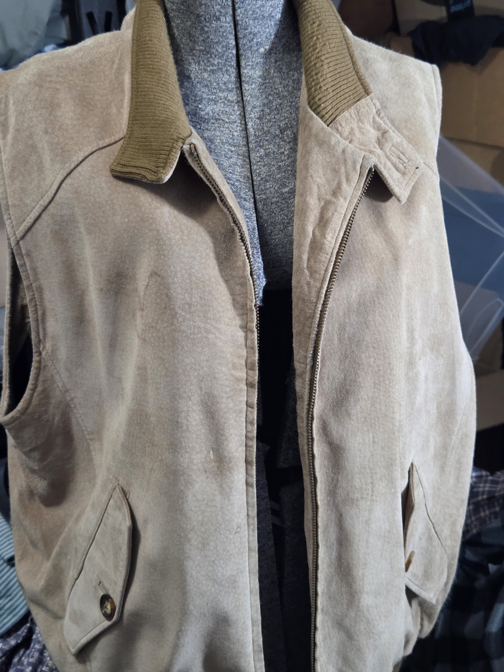 Vintage Orvis suede leather bomber jacket, featuring a tan color